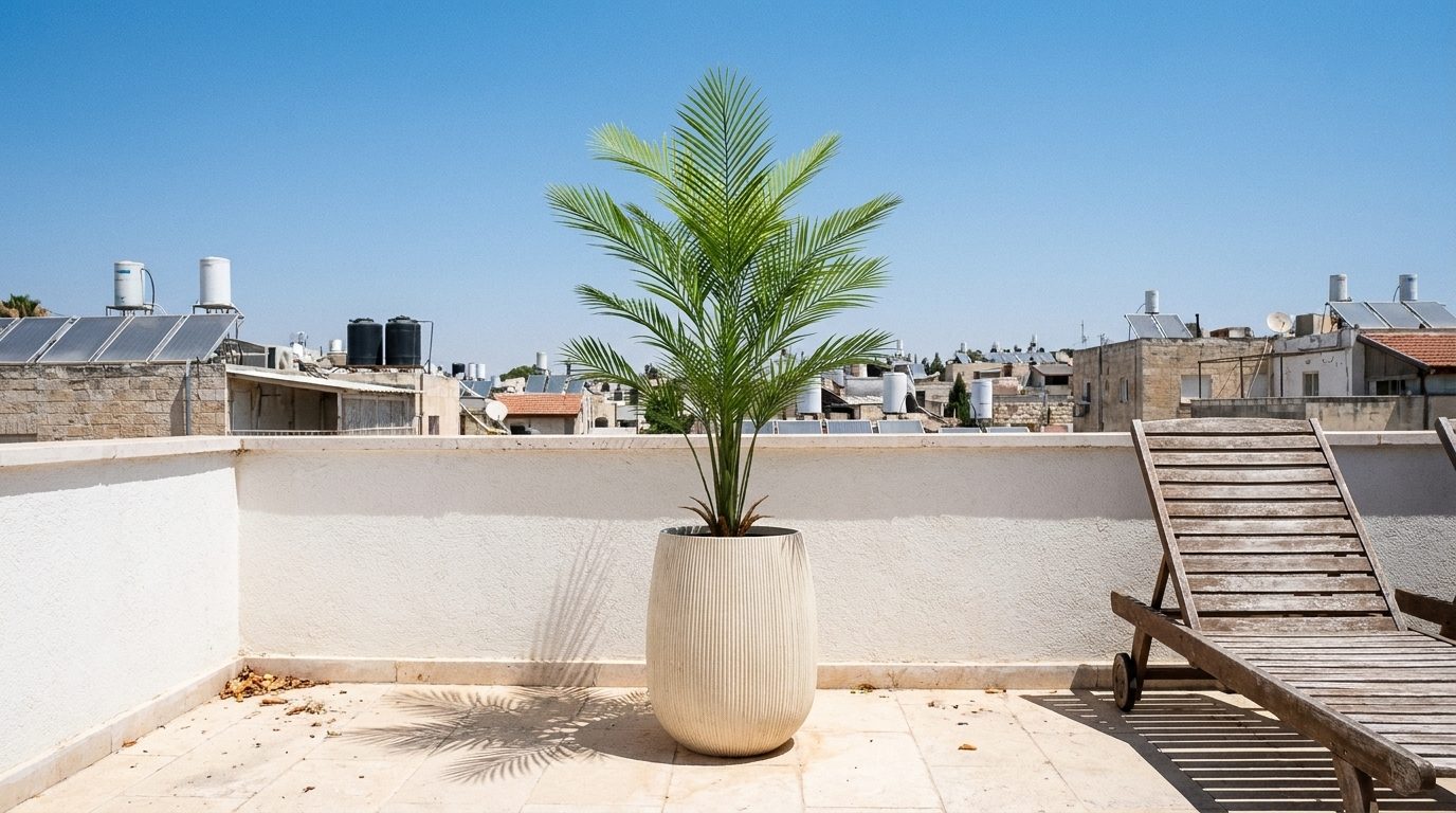 עץ מלאכותי עמיד לשמש, דקל אריקה UV בכד על גג ישראלי בשמש מלאה